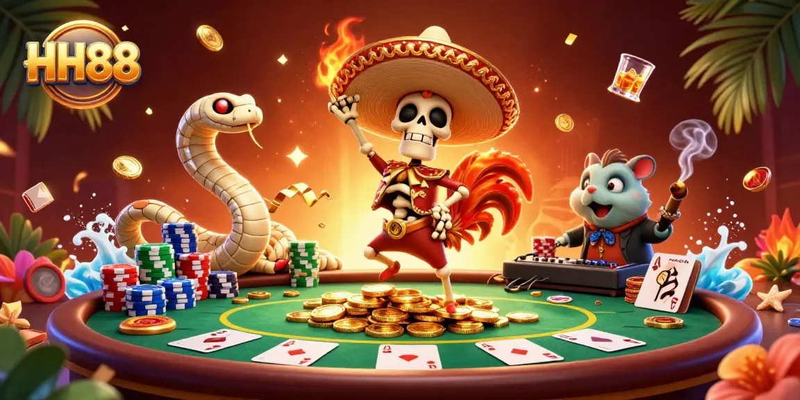 Celebrate winning moments at HH88 with a vibrant casino scene featuring lively characters and rich game elements.