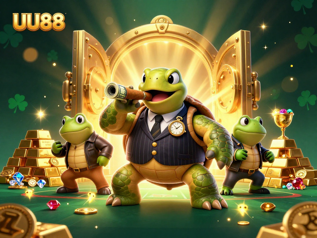 UU88 players enjoy a vibrant casino scene with a snapping turtle and bullfrog enforcers amidst treasure vaults and gems.
