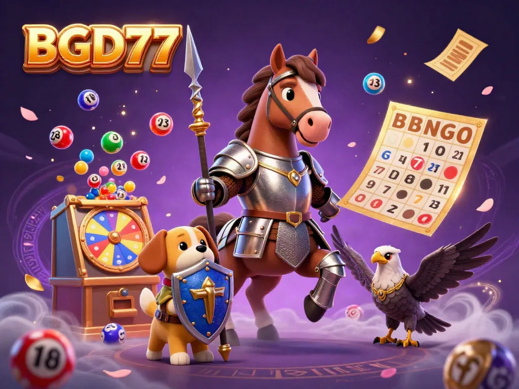 Engage with BGD77 in this vibrant casino illustration featuring knights, games, and lottery elements