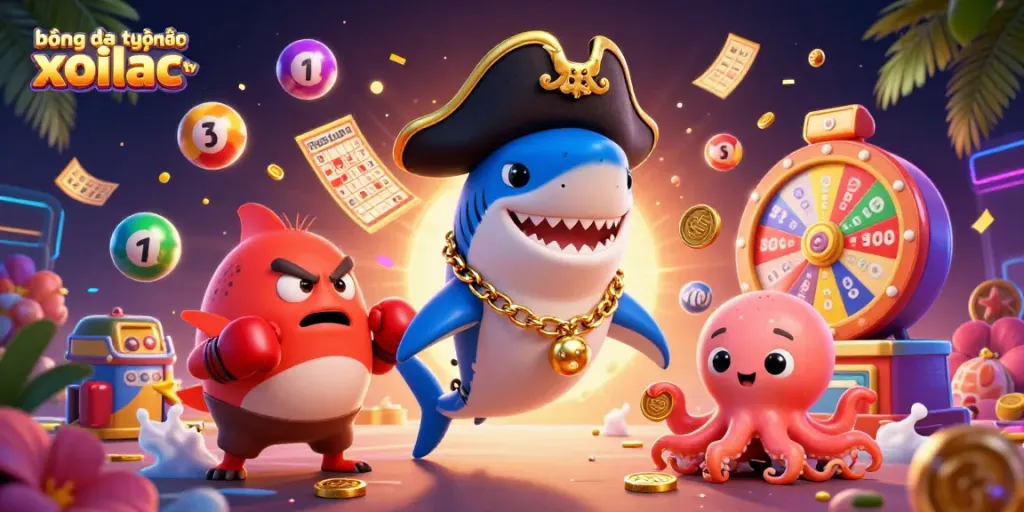 Engage with bóng đá trực tuyến xoilac tv through a vibrant, action-packed 3D scene full of dynamic lottery elements.