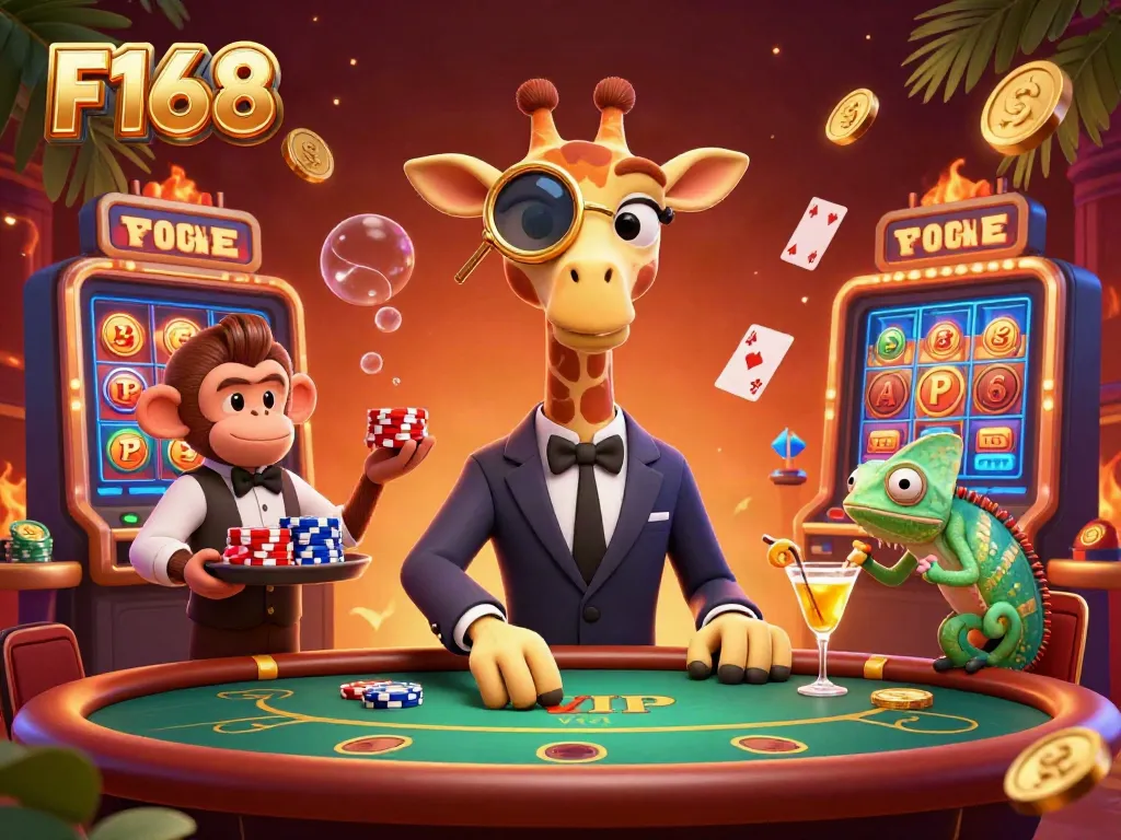 Experience F168's vibrant casino atmosphere with a high-roller giraffe, monkey valet, and chameleon bartender.