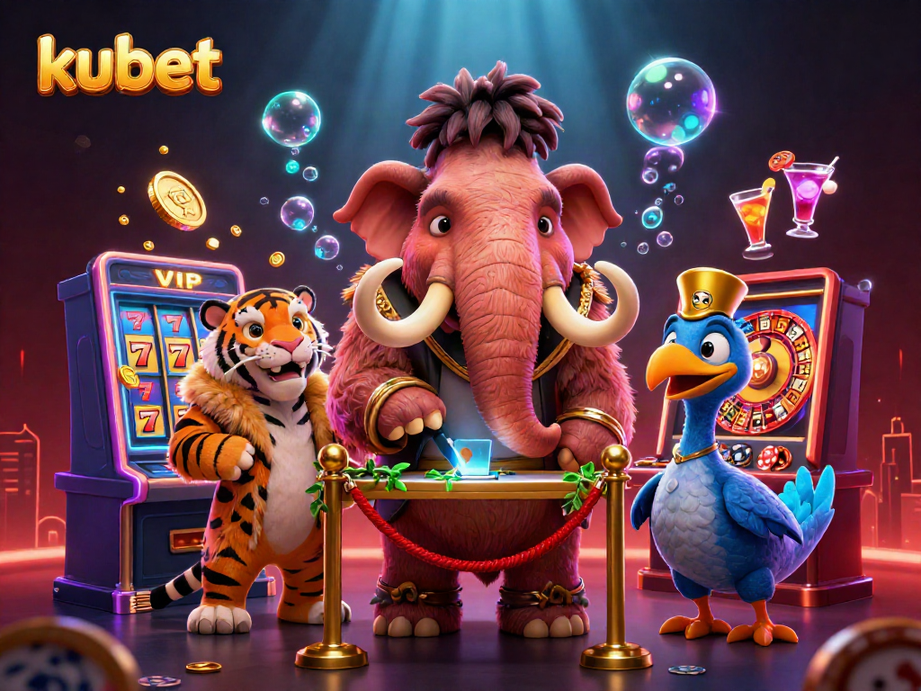 Kubet casino bouncer checks IDs while a saber-tooth tiger admires the slot machines in a vibrant 3D illustration.