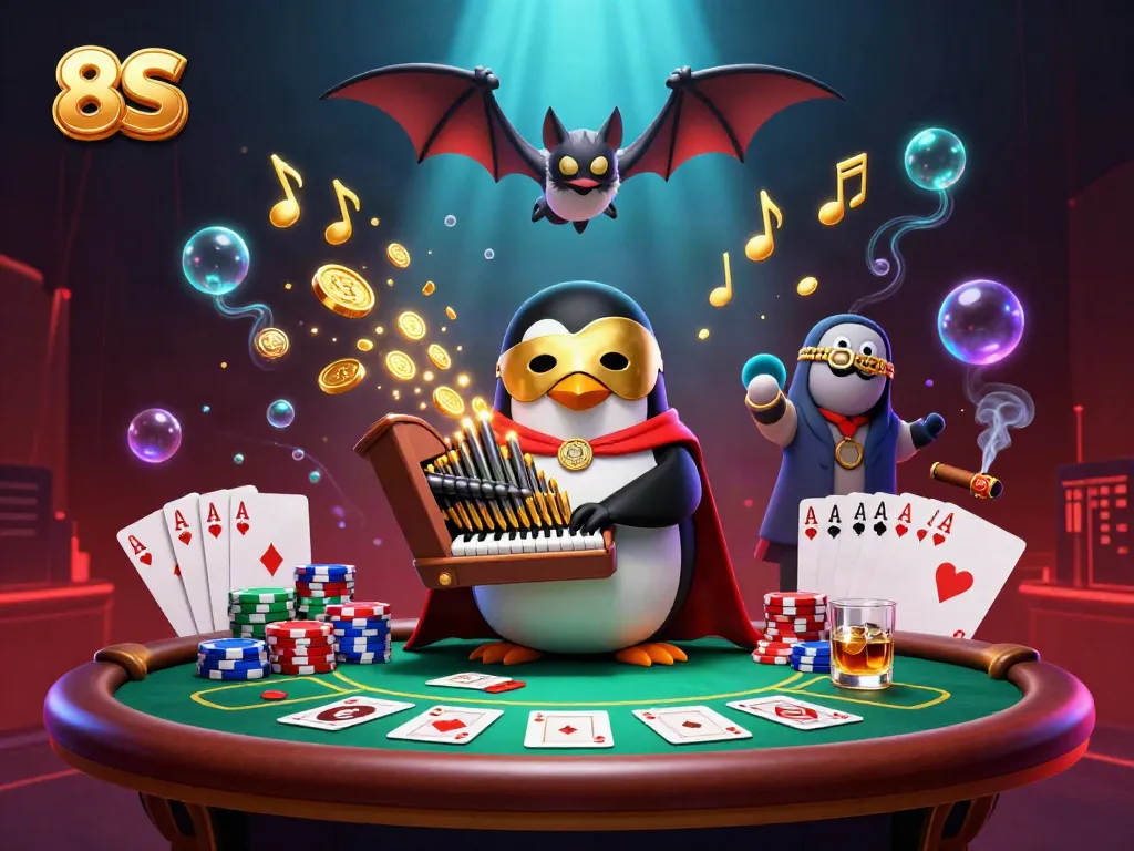 Experience the thrilling atmosphere of 8S casino games with a vibrant 3D scene featuring a penguin organist and poker elements.