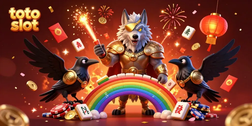 Experience the excitement of toto slot with Odin and ravens on a casino chip rainbow bridge.