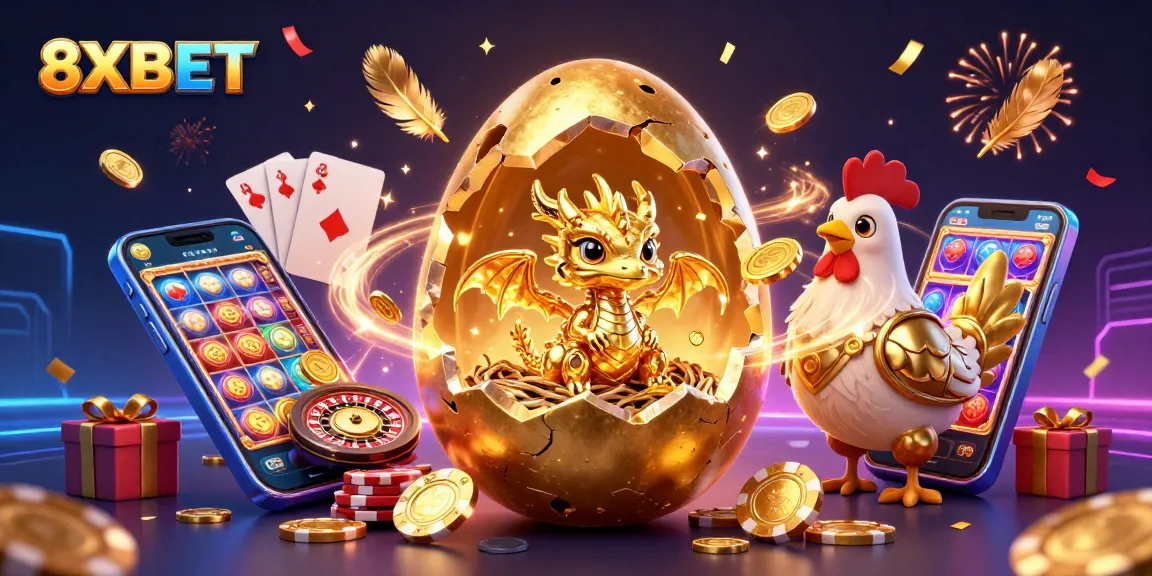 Experience golden excitement at 8XBET with a vibrant casino illustration featuring a dragon and poker chips.
