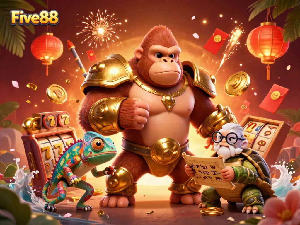 Engaging Five88 casino illustration with a gorilla, chameleon, and tortoise amidst dynamic slot reels and festive elements.