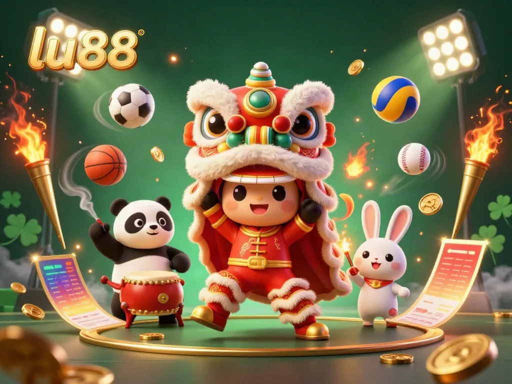 Experience thrill with LU88: a vibrant 3D illustration of a festive lion dance and exciting casino elements.
