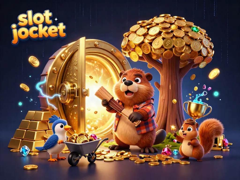 Experience thrilling wins with the slot jackpot as cartoon characters gather coins and jewels in a vibrant casino scene.