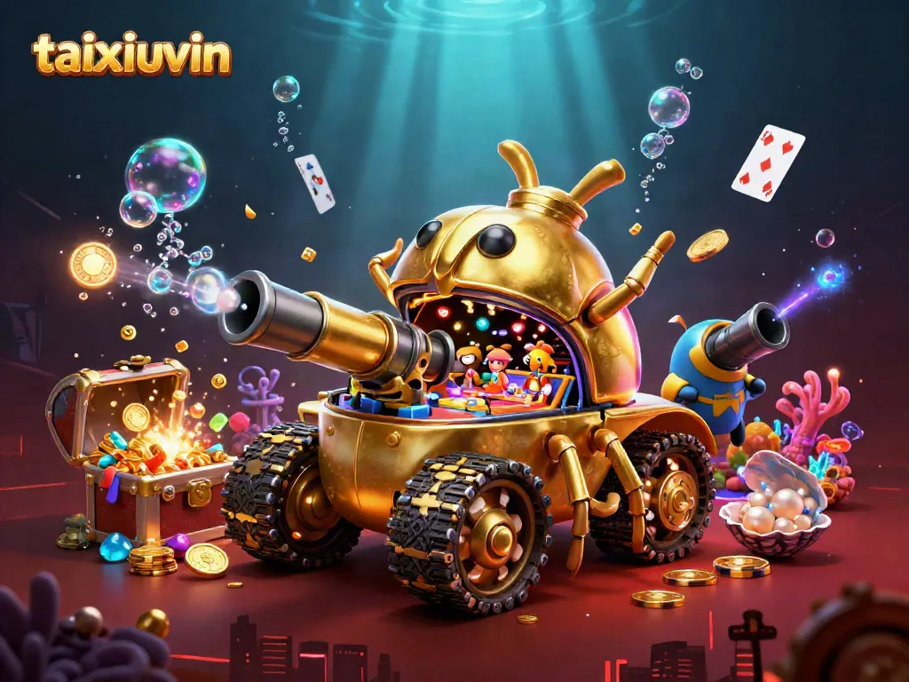 Win big with taixiuvin by navigating a vibrant casino scene inside a golden beetle tank.