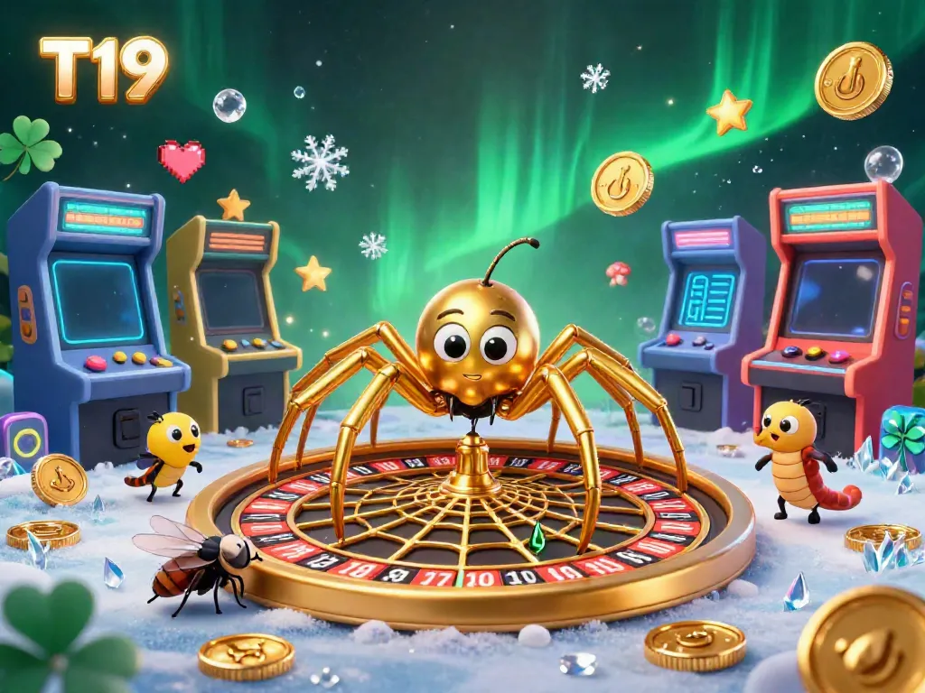 Experience the thrill of T19 with a 3D cartoon scene of a spider and fly in a roulette wheel setting.