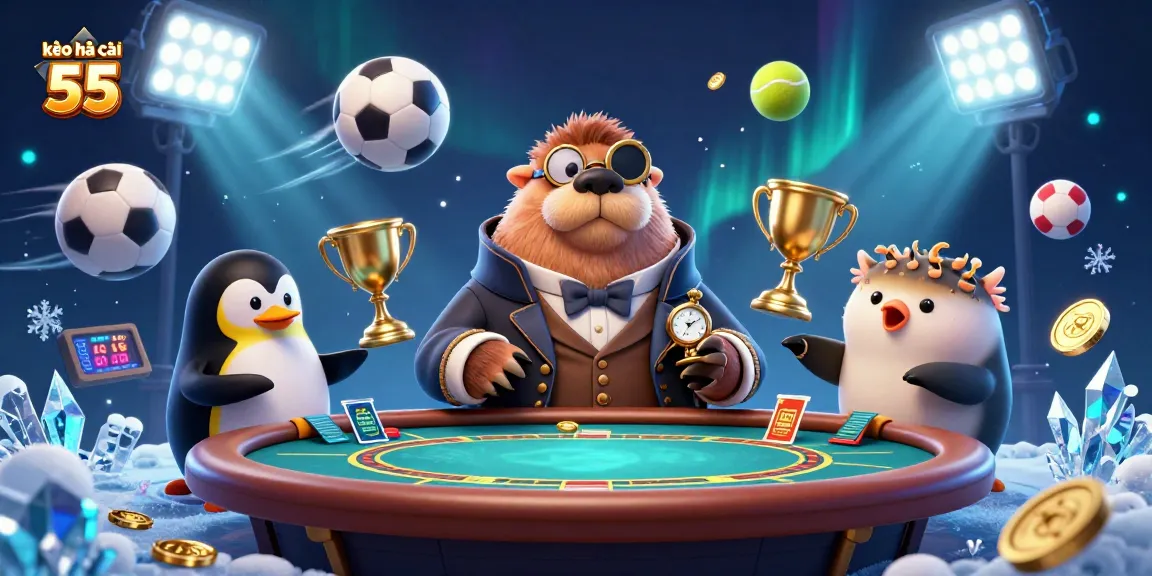 Engage with kèo nhà cái 55 as players enjoy a vibrant underwater poker game amidst floating sports elements.