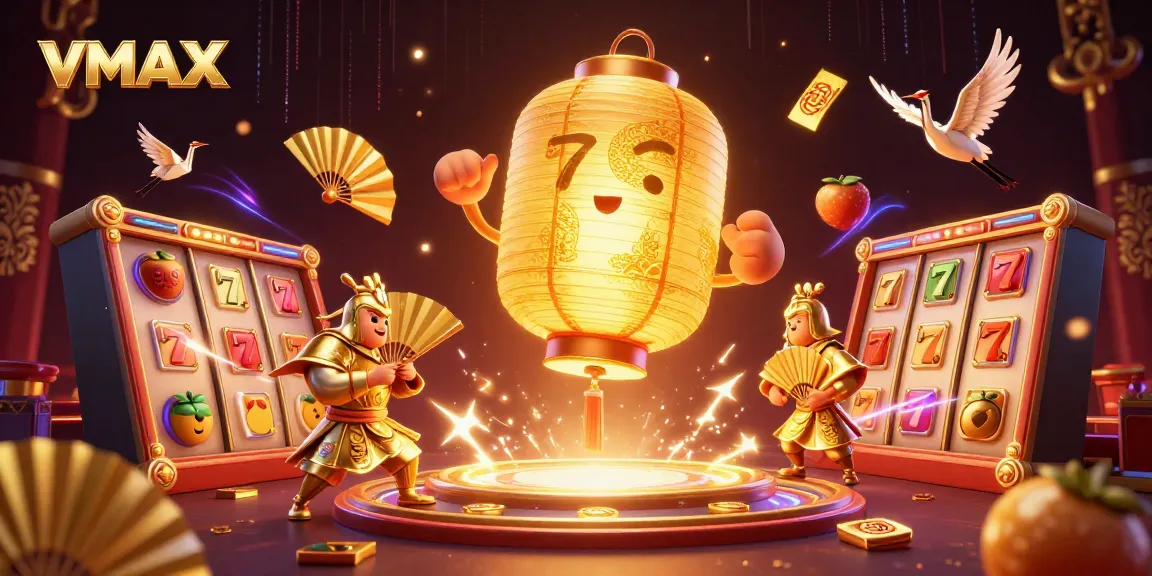 Experience thrilling VMAX gaming with a magical lantern spirit at a vibrant casino scene filled with dynamic slot elements.