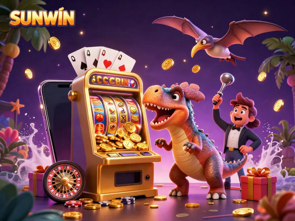 Experience the thrilling SUNWIN jackpot as a pachycephalosaurus headbutts a slot machine amidst flying coins.