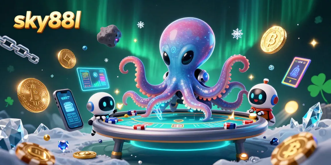 Experience thrilling poker excitement with sky88l as an alien octopus operates a holographic table.