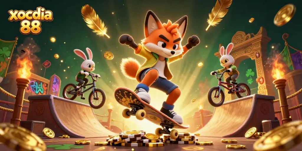 Xocdia 88 cartoon scene with dynamic characters, casino elements, and engaging atmosphere.