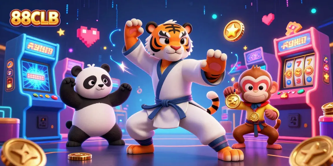 Immerse in 88CLB's dynamic casino scene with a kung fu tiger master, panda disciple, and monkey student amidst vibrant game elements.