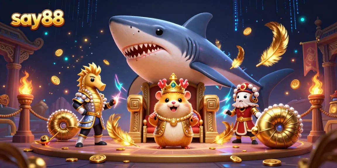 Interact with the thrilling world of say88, where a golden hamster king reigns amidst vibrant casino elements and dynamic energy.