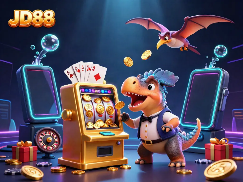 Experience the excitement of JD88 as a pachycephalosaurus engages a golden slot machine in a vibrant casino scene.