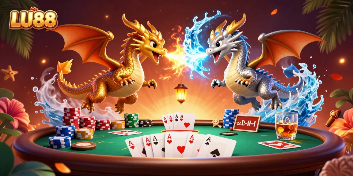 Experience thrilling poker action at LU88 with magic dragons amidst chips and cards.