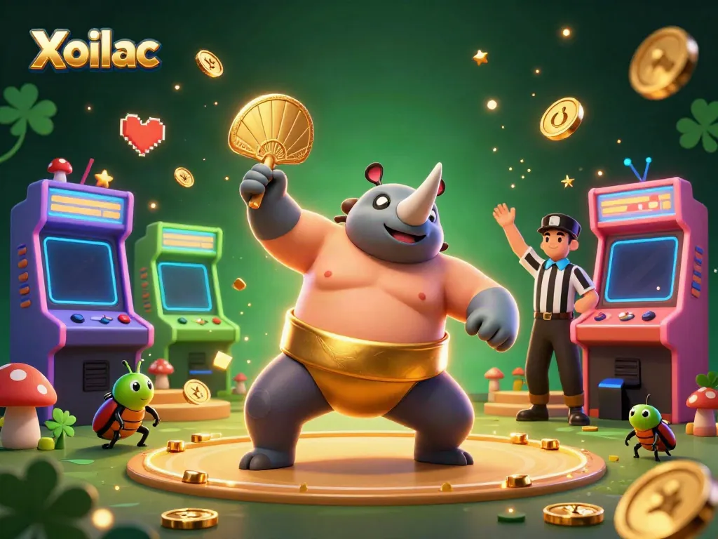 Xoilac's vibrant casino scene features a cartoon beetle champion sending coins flying.