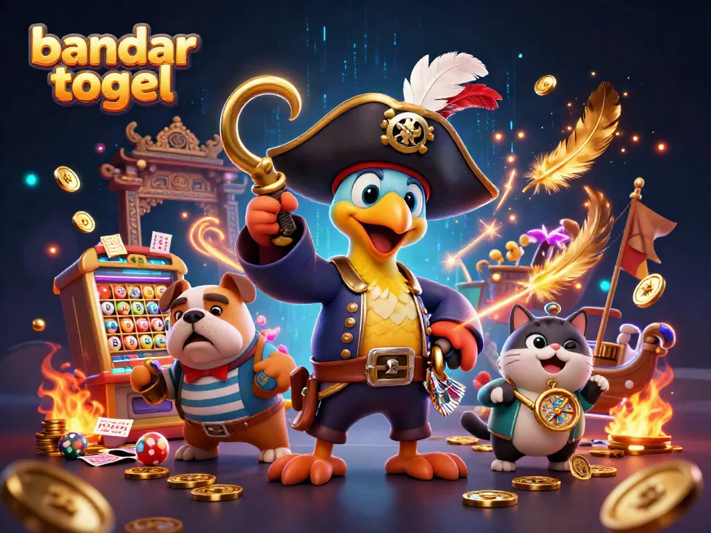 Engage in bandar togel action with pirate characters next to the lottery machine.