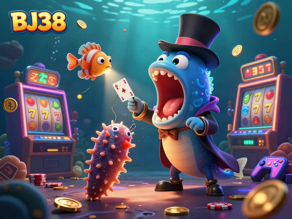 Experience the magic of BJ38 with lively characters and vibrant casino elements in a rich 3D scene.
