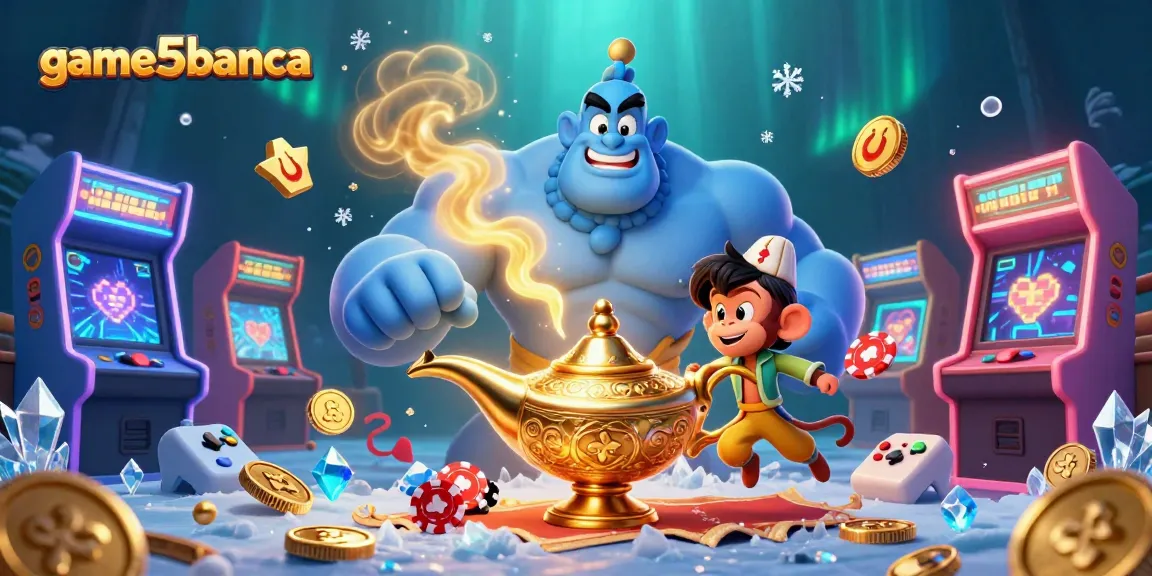 Experience the thrill of game5banca with a dynamic casino scene featuring a genie, a monkey, and poker chips.