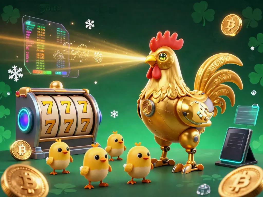 Engage with the 9bet slot gaming scene featuring a futuristic rooster robot and baby chick drones within a vibrant digital casino.