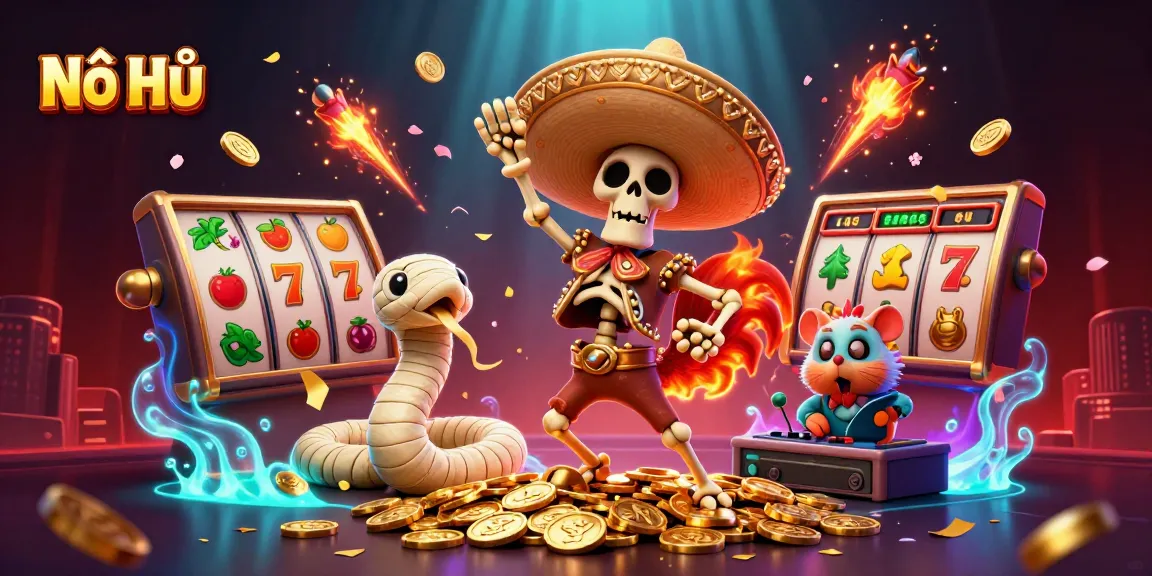 Nổ Hũ jackpot celebration with festive elements and animated characters in a vibrant casino scene.