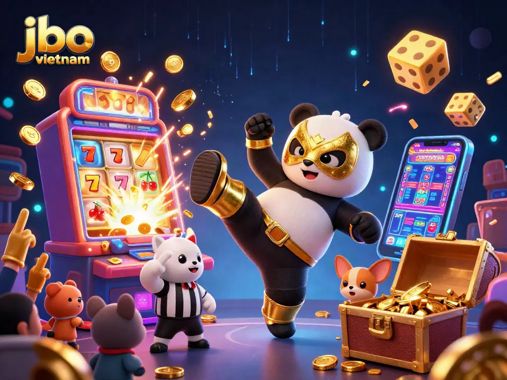 Experience thrilling gaming action with jbo vietnam amid vibrant casino scenes of panda wrestlers and jackpots.