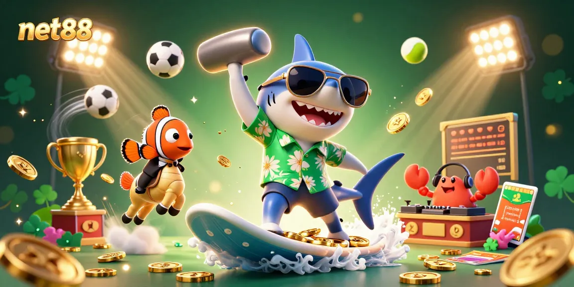 Engage with net88's vibrant gaming scene featuring a playful shark and winning elements.