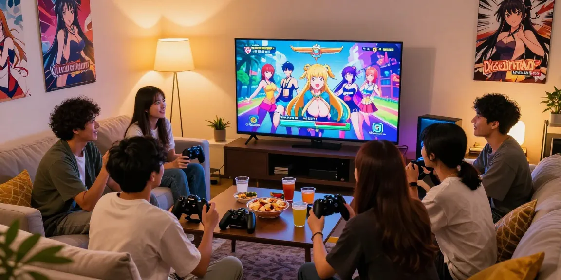 Friends enjoying a free hentai game in a vibrant living room