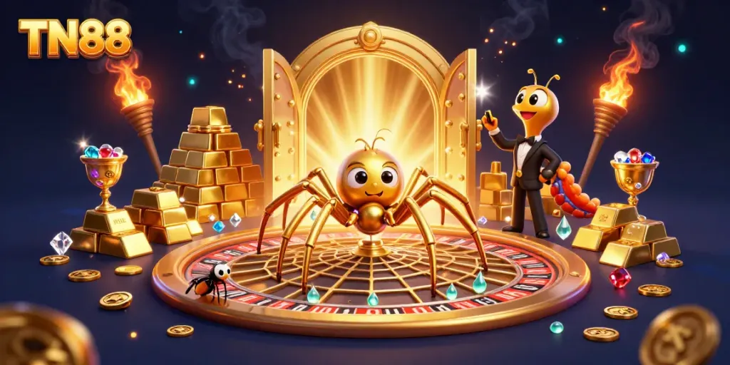 Engage with TN88's thrilling casino scene featuring a spider croupier and a nervous fly
