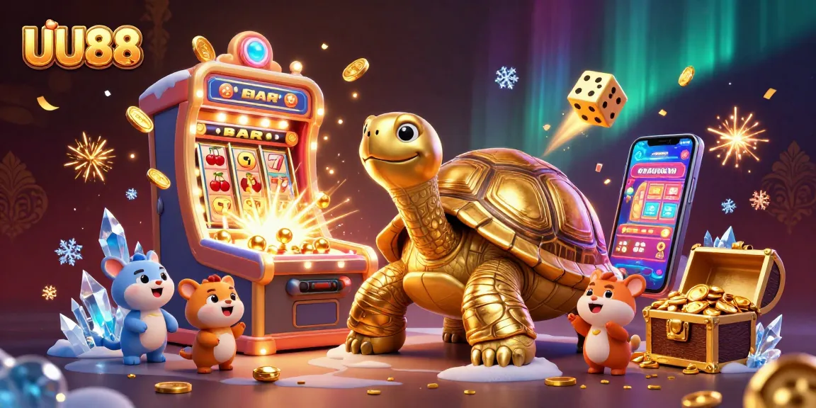 Experience the excitement of UU88's casino adventures with a golden tortoise and thrilling slot machine action.