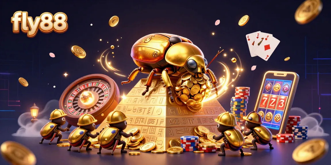 Experience excitement at fly88 with a golden dung beetle rolling coins, surrounded by casino symbols and vibrant game elements.