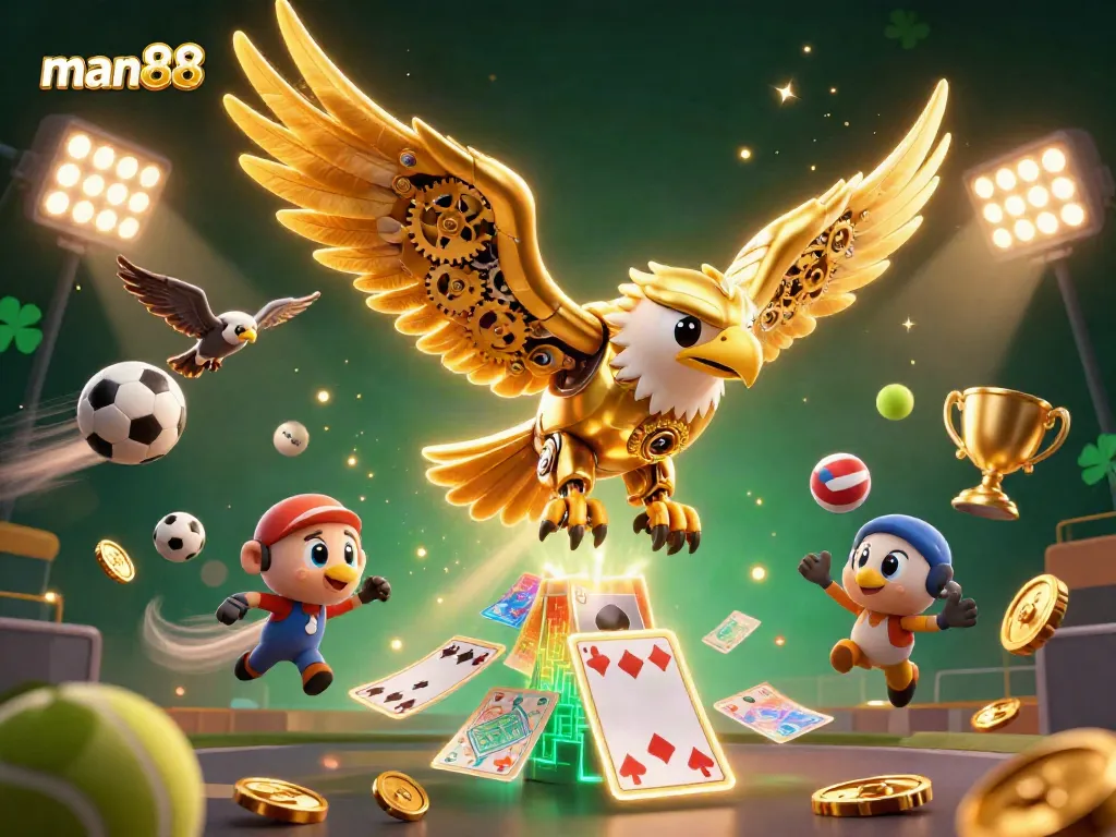Experience thrilling wins at man88 with dynamic sports and gaming elements in a vibrant 3D scene.