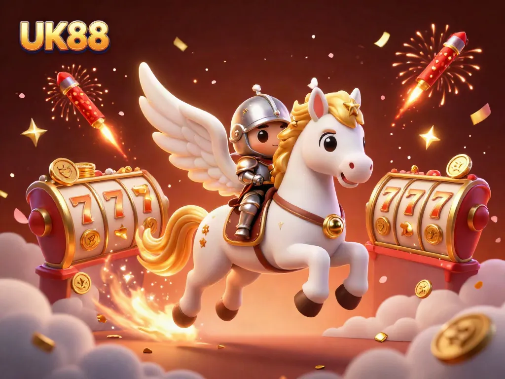 Experience excitement at UK88 with a celestial horse and knight amidst vibrant casino elements.