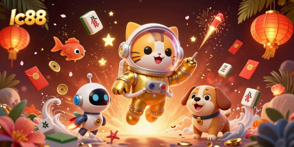 Play exciting games at lc88, with a dynamic scene of a golden space suited cat and alien fish.
