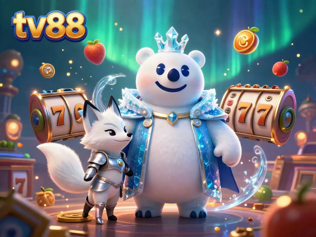 Experience thrilling gameplay with tv88's vibrant 3D scene featuring a polar bear king and a fox surrounded by slot game elements.