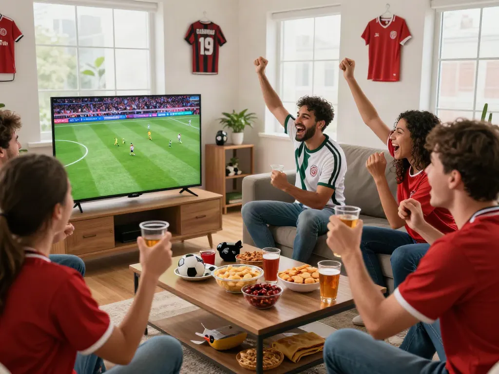Friends enjoying a live football match on Thapcamtv, showcasing a vibrant sports atmosphere.