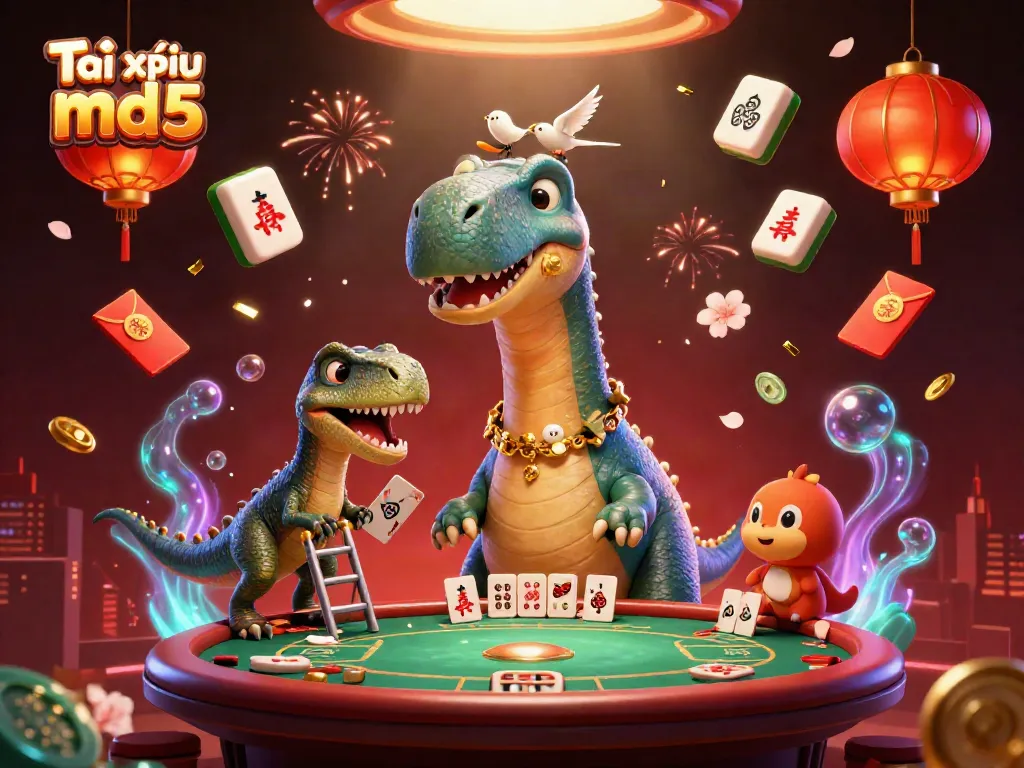 Tài xỉu md5 scene captured with a towering brontosaurus and clever raptor at a casino poker table.