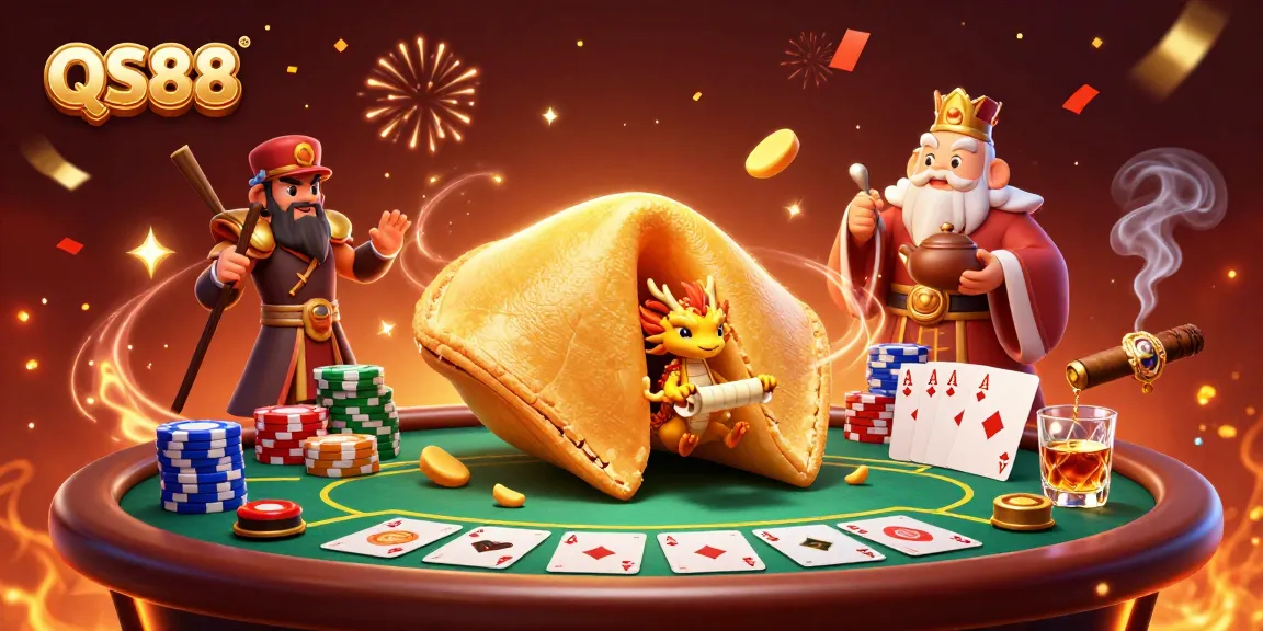 Experience gaming at QS88 with a vibrant 3D illustration of luck and fortune in a colorful casino setting.