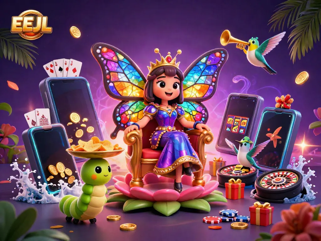 EEJL's vibrant casino illustration featuring a butterfly queen and gaming elements.