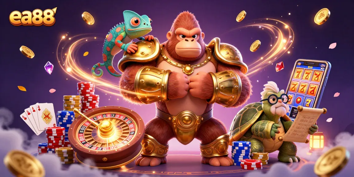 Experience excitement with ea88's dynamic gaming world featuring a powerful gorilla king and vibrant casino elements.