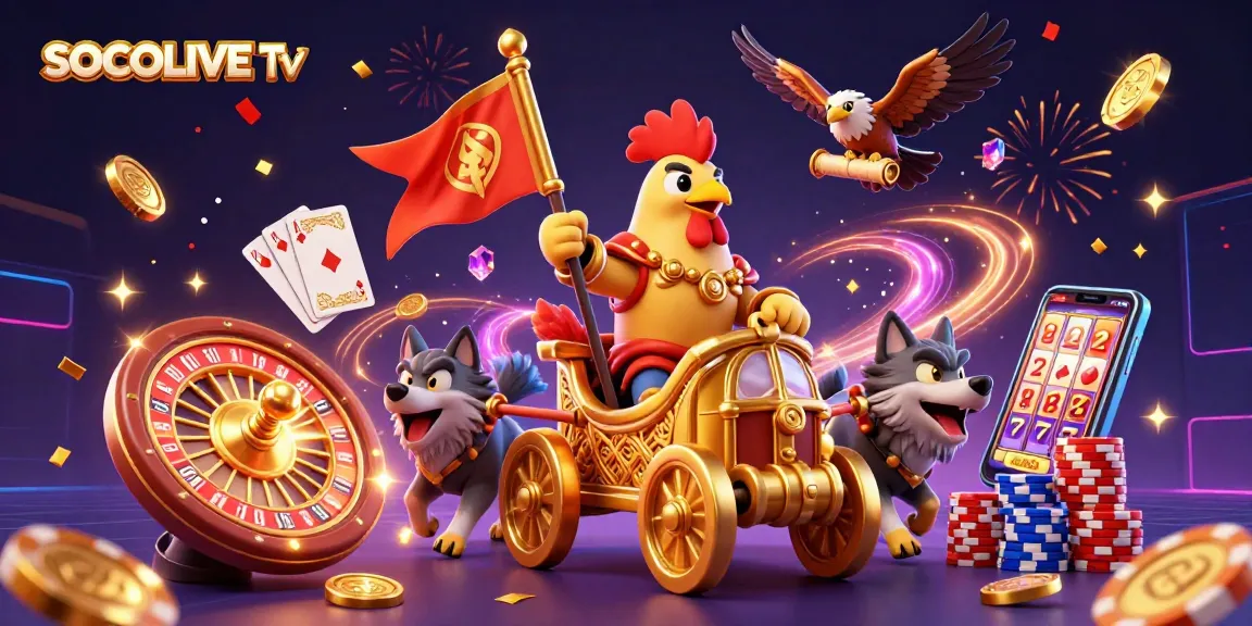 SOCOLIVE TV showcases a vivid illustration of a rooster warlord amidst casino elements, providing dynamic gaming excitement.