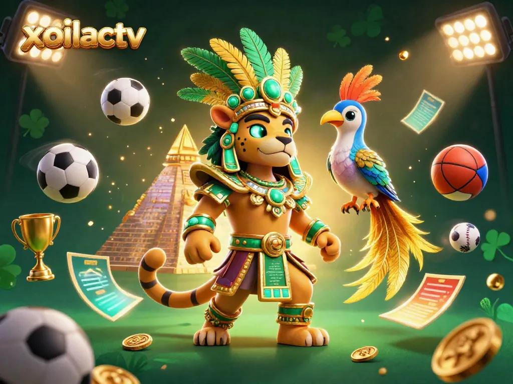 Xoilactv sports betting illustration with a Mayan jaguar priest, quetzal bird, and dynamic game elements