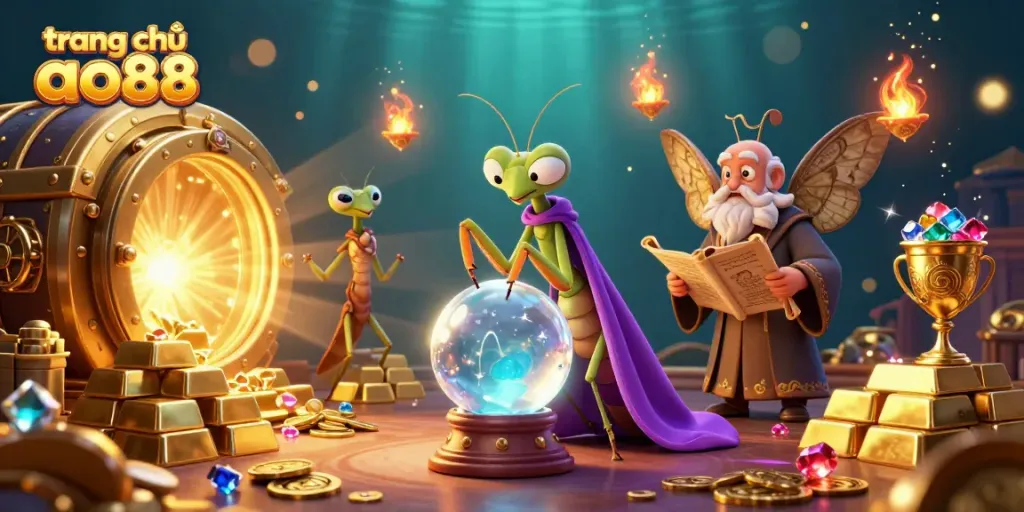 Engage with the exciting world of trang chủ ao88, featuring cartoon fortune tellers and rich treasures.