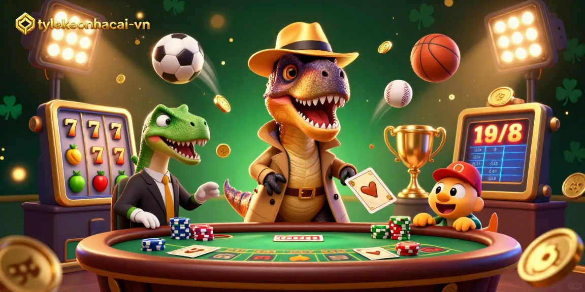 Experience thrilling gameplay at tylekeonhacai-vn with a whimsical velociraptor and lively casino atmosphere.