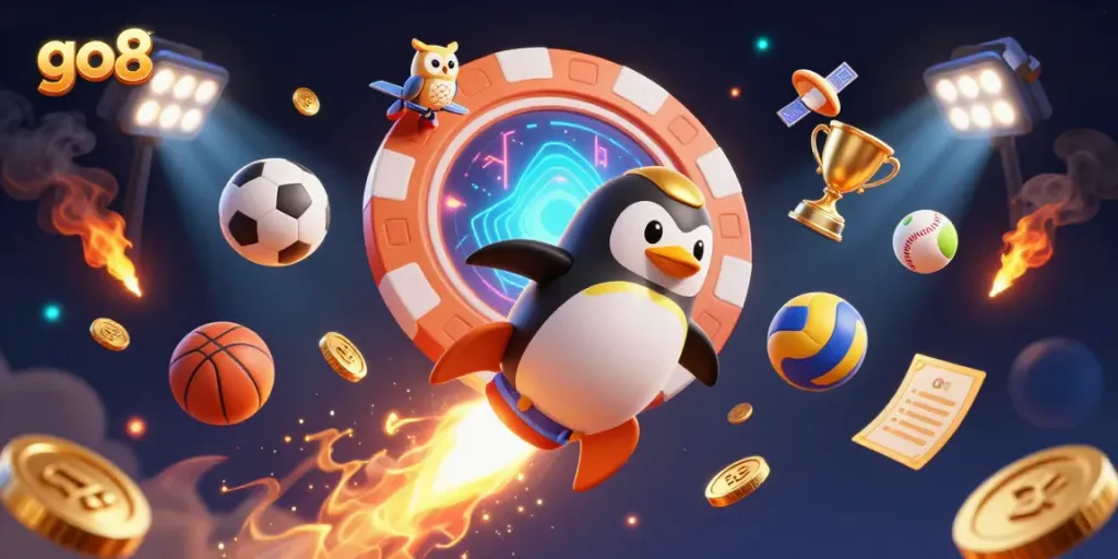 Go8's golden penguin journeys to a poker chip casino, surrounded by vibrant sports elements.
