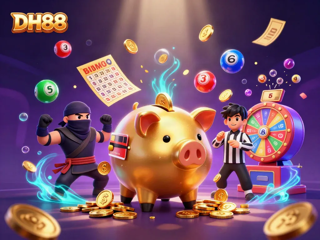 Experience winning moments at DH88 with a piggy bank sumo wrestler and colorful lottery elements.